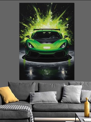 Artmeg Yeşil Spor Araba ve Neon Işıklar Dekoratif Kanvas - Mdf Ahşap Tablo