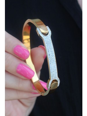 Mey Ithalat® 316L Çelik Gold Renk Zirkon Taşlı Kadın Kelepçe