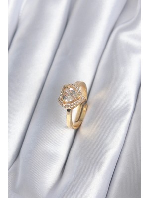 Mey Ithalat® Pirinç Gold Renk Zirkon Taşlı Kalp Charm Model Kadın Yüzük