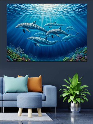 Tablomega Suyun Altında Yüzen Yunus Sürüsü Dekoratif Kanvas - Mdf Ahşap Tablo