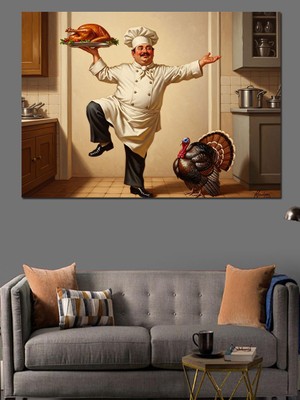 Tablomega Dans Eden Neşeli Şef ve Hindi Dekoratif Kanvas - Mdf Ahşap Tablo