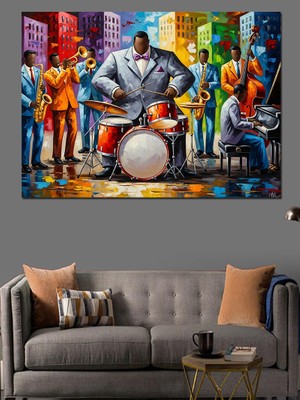 Artmeg Caz Yapan Renkli Müzisyenler Grubu Dekoratif Kanvas - Mdf Ahşap Tablo