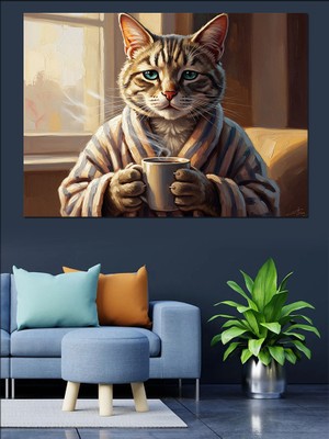 Tablomega Bornozlu Kahve Içen Evcil Kedi Dekoratif Kanvas - Mdf Ahşap Tablo