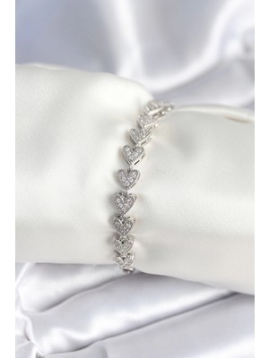 Mey Ithalat® Pirinç Gümüş Renk Kalp Model Kadın Bileklik