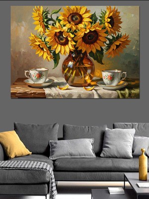 Tablomega Vazoda Parlak Ayçiçekleri ve Kahve Dekoratif Kanvas - Mdf Ahşap Tablo