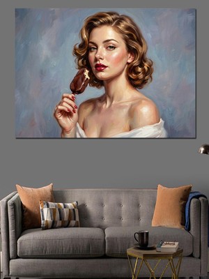 Tablomega Dondurma Yiyen Zarif Kadın Portresi Dekoratif Kanvas - Mdf Ahşap Tablo