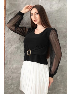 Colezium Tokalı Tül Kollu Bluz Siyah