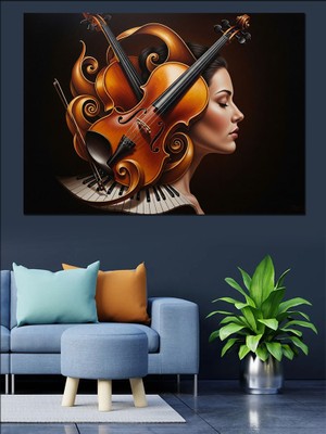 Tablomega Saçları Çello Olan Sanatsal Kadın Dekoratif Kanvas - Mdf Ahşap Tablo