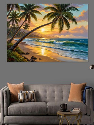 Tablomega Gün Batımında Sahil ve Palmiyeler Dekoratif Kanvas - Mdf Ahşap Tablo