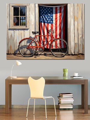 Tablomega Pencere Önünde Kırmızı Nostaljik Bisiklet Dekoratif Kanvas - Mdf Ahşap Tablo