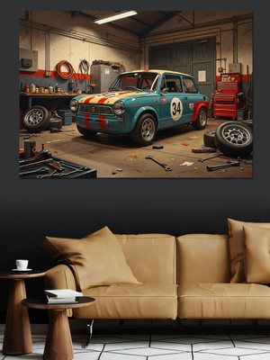 Artmeg Tamirhanede Duran Klasik Eski Araba Dekoratif Kanvas - Mdf Ahşap Tablo