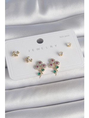 Mey Ithalat® Pirinç Gold Renk Renkli Zirkon Taşlı Çiçek Model Yaprak Detay 925 Ayar Gümüş Çivi Kadın Küpe Seti
