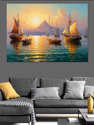 Artmeg Gün Batımında Istanbul Boğazı ve Gemiler Dekoratif Kanvas - Mdf Ahşap Tablo