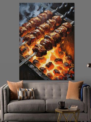 Artmeg Ateş Üstünde Pişen Şiş Kebap Dekoratif Kanvas - Mdf Ahşap Tablo