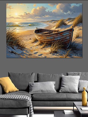 Tablomega Sahilde Duran Eski Ahşap Sandal Dekoratif Kanvas - Mdf Ahşap Tablo