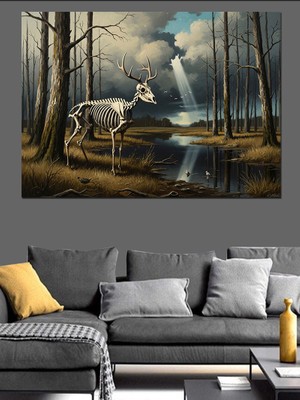 Tablomega Karlı Ormanda Duran Iskelet Geyik Dekoratif Kanvas - Mdf Ahşap Tablo