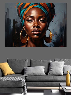 Artmeg Takılarıyla Zarif Modern Afrikalı Kadın Dekoratif Kanvas - Mdf Ahşap Tablo