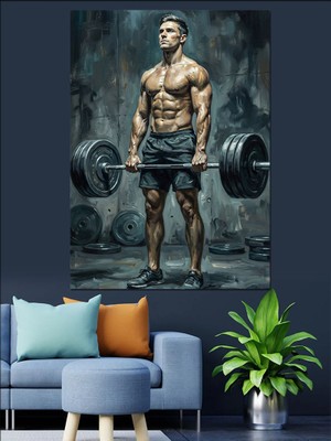Artmeg Halter Kaldıran Kaslı Sporcu Antrenman Dekoratif Kanvas - Mdf Ahşap Tablo