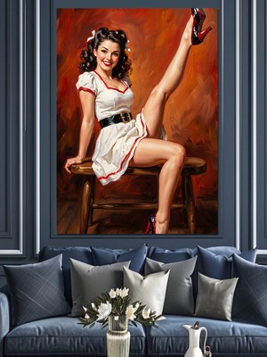 Tablomega Kırmızı Elbiseli Vintage Pin-Up Kadın Dekoratif Kanvas - Mdf Ahşap Tablo