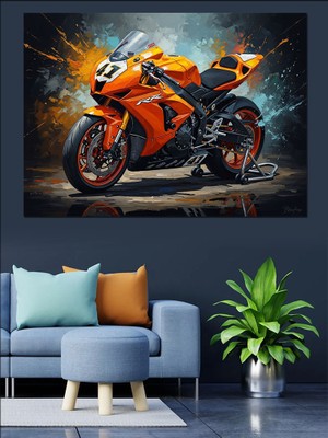 Artmeg Toz Bulutu Içindeki Turuncu Motosiklet Dekoratif Kanvas - Mdf Ahşap Tablo