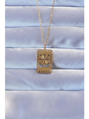 Mey Ithalat® 316L Altın Renk Işlemeli Yonca Model Vintage Kolye