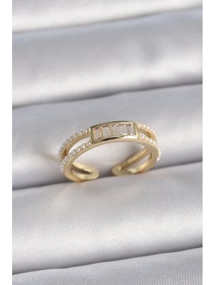 Mey Ithalat® Pirinç Gold Renk Ayarlanabilir Sıralı Incili Zirkon Taş Detaylı Kadın Yüzük