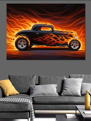 Artmeg Alevler Içinde Modifiye Klasik Araba Dekoratif Kanvas - Mdf Ahşap Tablo