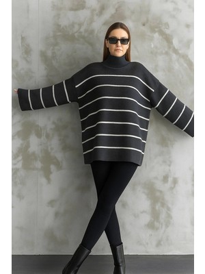 Colezium Çizgili Ispanyol Kol Triko Boğazlı Kazak Antrasit Elf