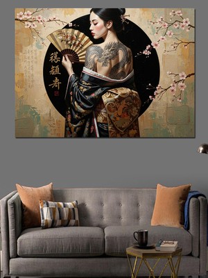 Tablomega Yelpazeli ve Dövmeli Japon Kadın Dekoratif Kanvas - Mdf Ahşap Tablo