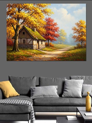 Tablomega Sonbahar Işığında Beyaz Köy Evi Dekoratif Kanvas - Mdf Ahşap Tablo