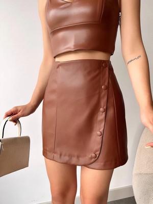 Colezium Beş Düğmeli Oval Deri Etek Kahve H240068