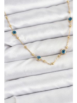 Mey Ithalat® 316L Çelik Gold Renk Nazarlı ve Topçuklu Model Kadın Kolye