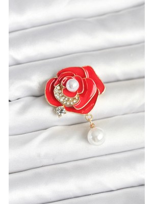 Mey Ithalat® Kırmızı Gül Incili Model Broş