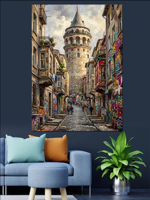 Tablomega Galata Kulesi ve Nostaljik Sokak Dekoratif Kanvas - Mdf Ahşap Tablo