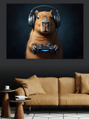 Tablomega Kulaklıkla Oyun Oynayan Capybara Dekoratif Kanvas - Mdf Ahşap Tablo