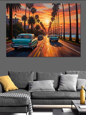 Tablomega Palmiyeli Yolda Ilerleyen Klasik Arabalar Dekoratif Kanvas - Mdf Ahşap Tablo