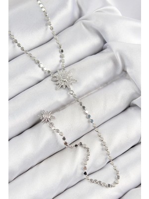 Mey Ithalat® Pirinç Zirkon Taşlı Ezme Zincirli Kutup Yıldızı Model Gümüş Renk Y Kolye