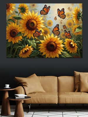 Tablomega Ayçiçekleri ve Uçuşan Turuncu Kelebekler Dekoratif Kanvas - Mdf Ahşap Tablo