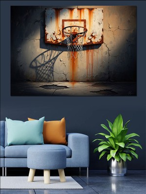 Tablomega Duvarda Paslanmış Eskitme Basketbol Potası Dekoratif Kanvas - Mdf Ahşap Tablo