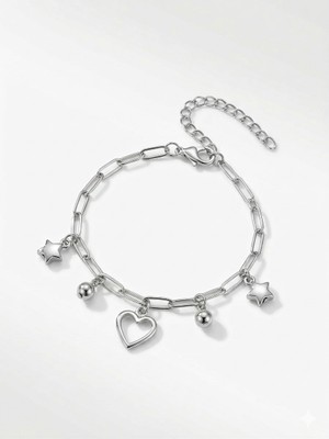 Laria Kadın Gümüş Renk Sallantılı Kalp ve Yıldızlı Bileklik - Ayarlanabilir Zincir