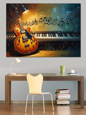 Artmeg Gitar ve Piyano Müzik Kolajı Dekoratif Kanvas - Mdf Ahşap Tablo