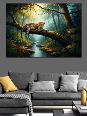 Artmeg Ağaç Dalında Dinlenen Benekli Leopar Dekoratif Kanvas - Mdf Ahşap Tablo