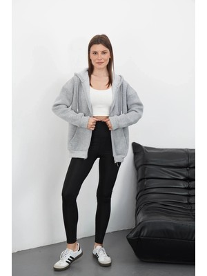 Colezium 3 Iplik Şardonlu Fermuarlı Kapşonlu Hırka Gri