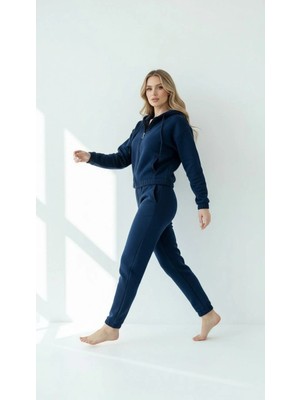 Colezium 3 Iplik Şardonlu Kapşonlu Fermuarlı Kısa Üst Lacivert PAT8590