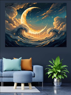 Tablomega Gökyüzünde Parlayan Hilal ve Bulutlar Dekoratif Kanvas - Mdf Ahşap Tablo