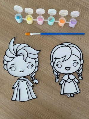 PicStory 2'li Karlar Ülkesi Boyama Seti - Elsa & Anna Dıy Boyama Plakaları (6 Renk Boya + Fırça Dahil)