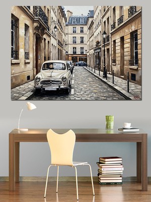 Tablomega Paris Sokaklarında Klasik Beyaz Araba Dekoratif Kanvas - Mdf Ahşap Tablo