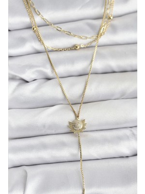 Mey Ithalat® Pirinç Gold Renk Zirkon Taşlı Güneş Model Detaylı 3'lü Kombin Y Kadın Kolye