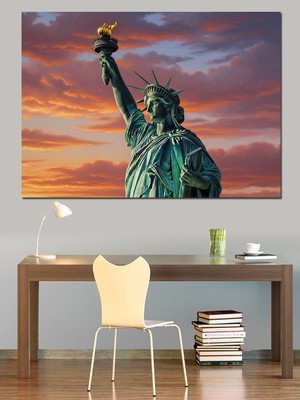 Tablomega Gün Batımında Özgürlük Heykeli Portresi Dekoratif Kanvas - Mdf Ahşap Tablo