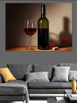 Artmeg Şarap Şişesi ve Kadeh Minimalist Dekoratif Kanvas - Mdf Ahşap Tablo